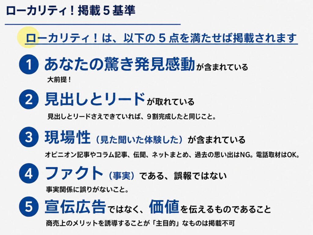 ローカリティ掲載基準
1.筆者の驚き・発見・感動が含まれている。
2.見出しとリードが取れている。
3.現場性が含まれている。伝聞、ネットまとめ、過去の思い出は掲載基準を満たさない。現場性とは、筆者が現場で見たり聞いたり体験した内容のうち、地名を伝える必然性があるものを指す。
4.ファクトであり、誤報ではない。ファクトとは、いつどこで誰が何をしたという事実を指す。
5.宣伝広告ではなく、価値を伝えるものであること。商売上のメリットに誘導することが「主目的」であるものは掲載不可である。